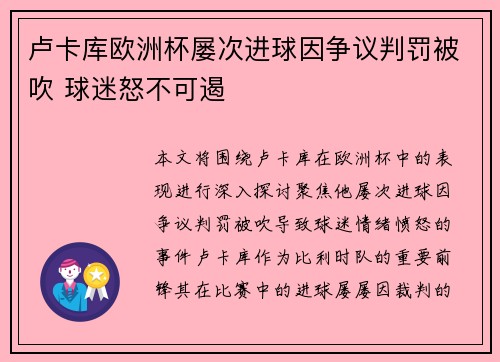 卢卡库欧洲杯屡次进球因争议判罚被吹 球迷怒不可遏
